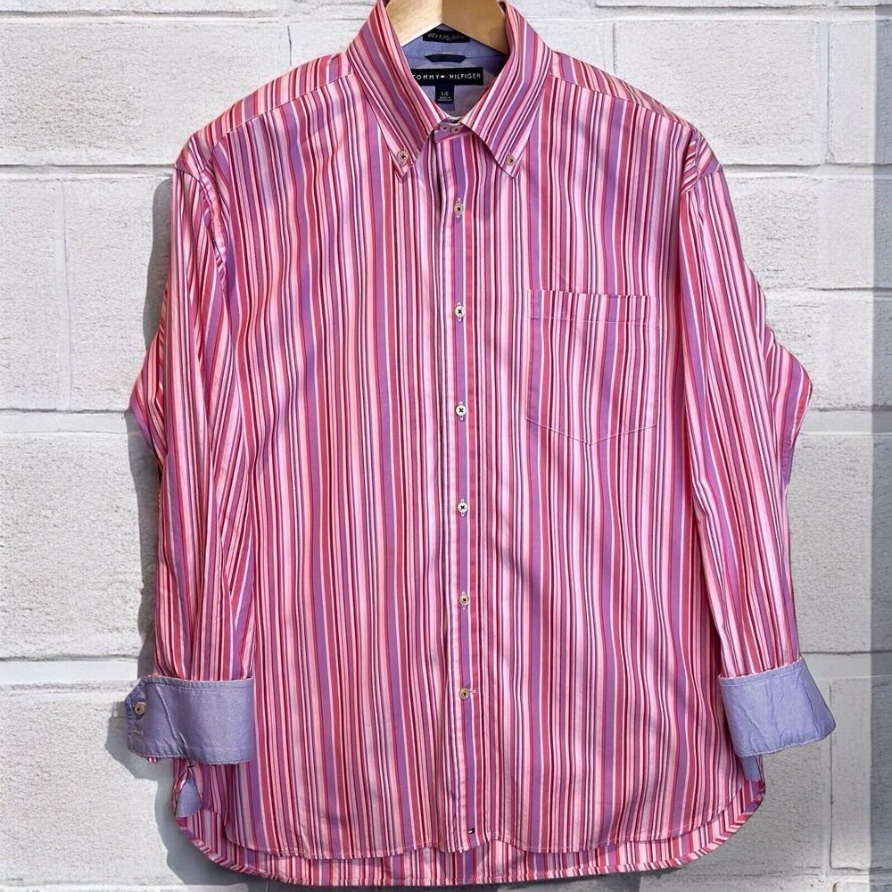 Tommy Hilfiger Mens‎ Shirt Large LS  Rare Color Striped Flipped Cuffs Bias Yoke